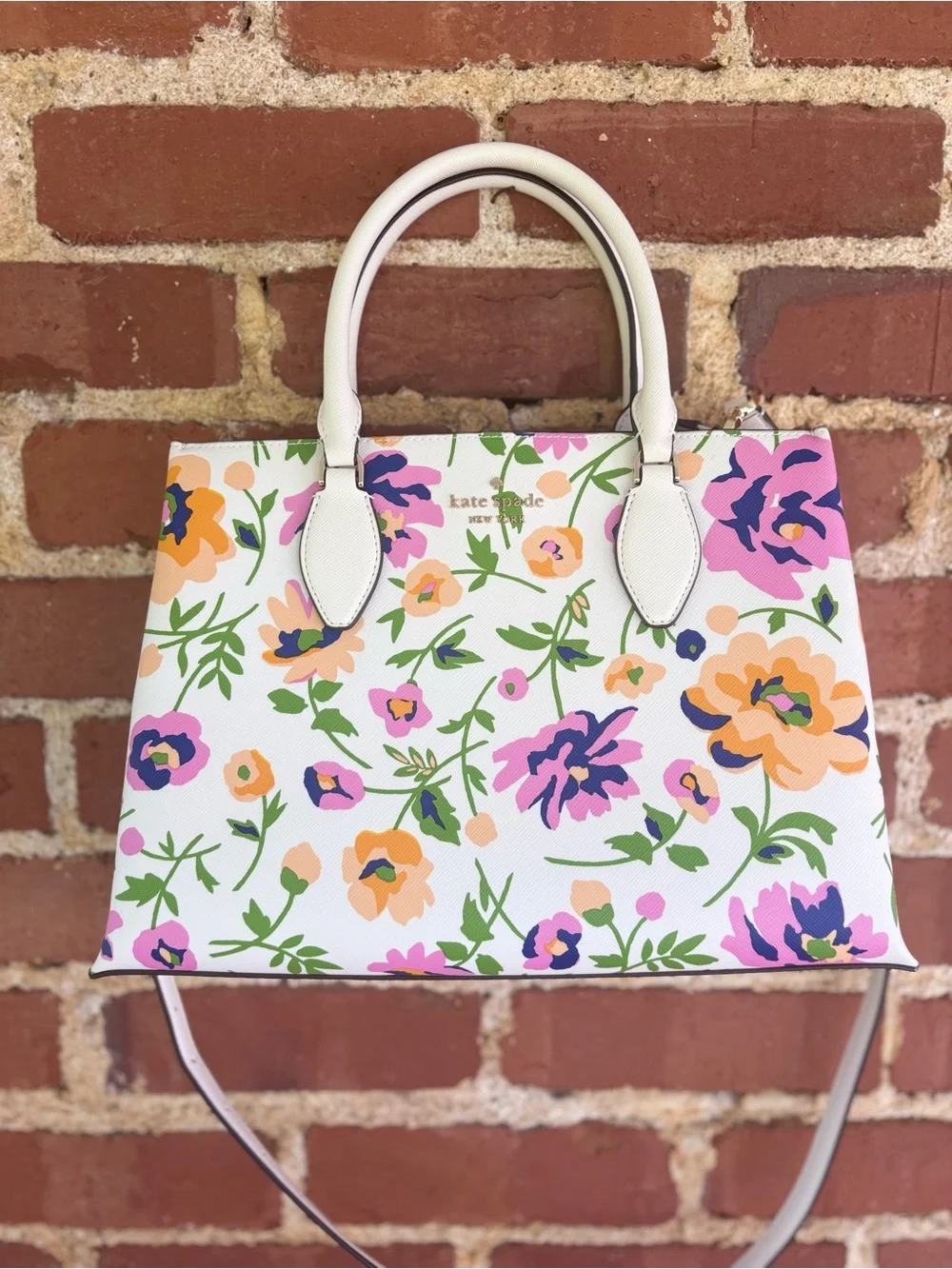 kate spade White Floral Satchel with Pink, Purple and Orange Blooms